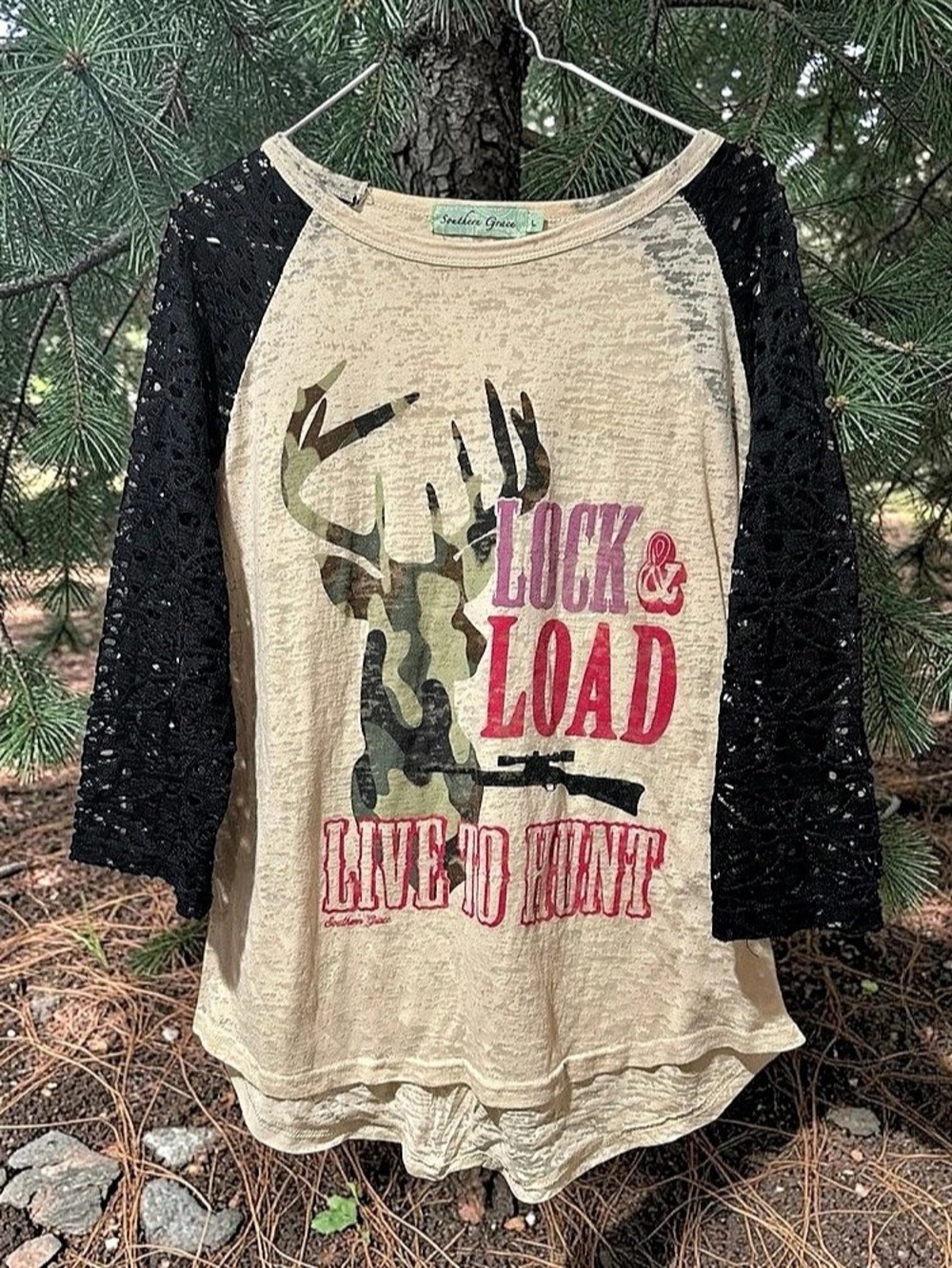 Southern Grace Lock & Load Live To Hunt Camo Deer Lace Sleeve Top Beige Large